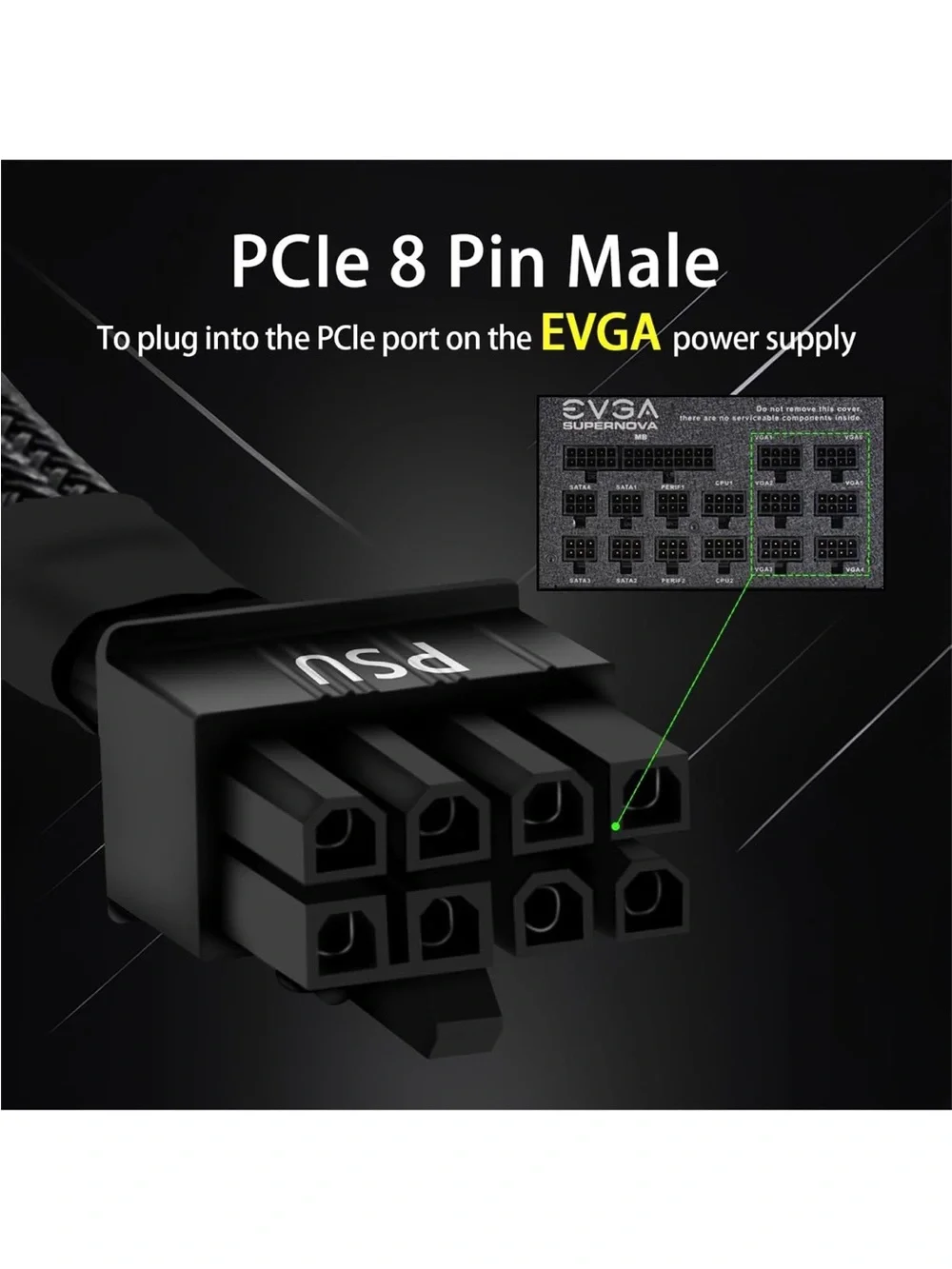 2 EVGA Black Braided 8-Pin GPU Power supply Extension Cable Pair
